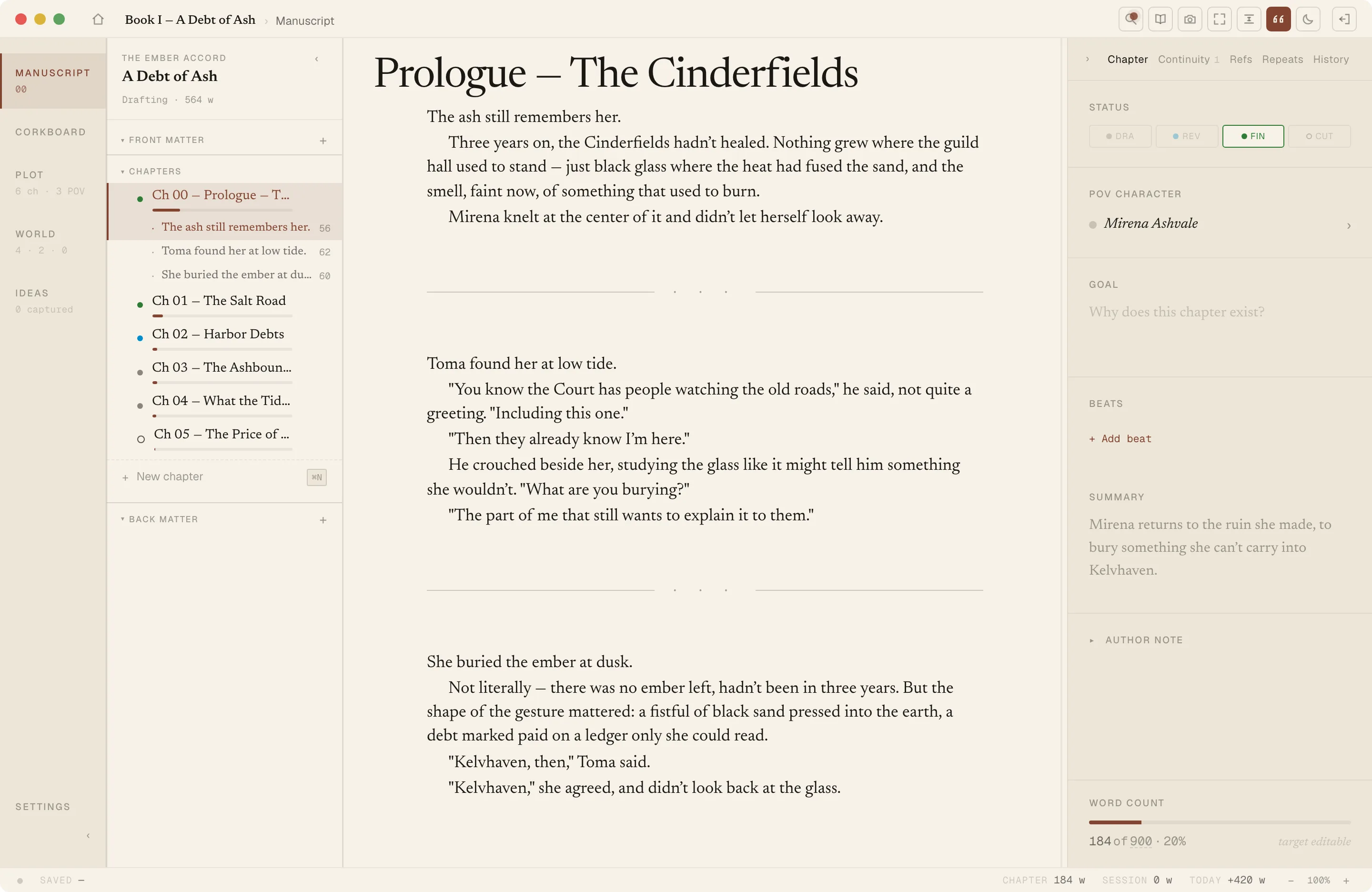 InkSpine editor showing a chapter split into three scenes in the tree, with the chapter inspector open