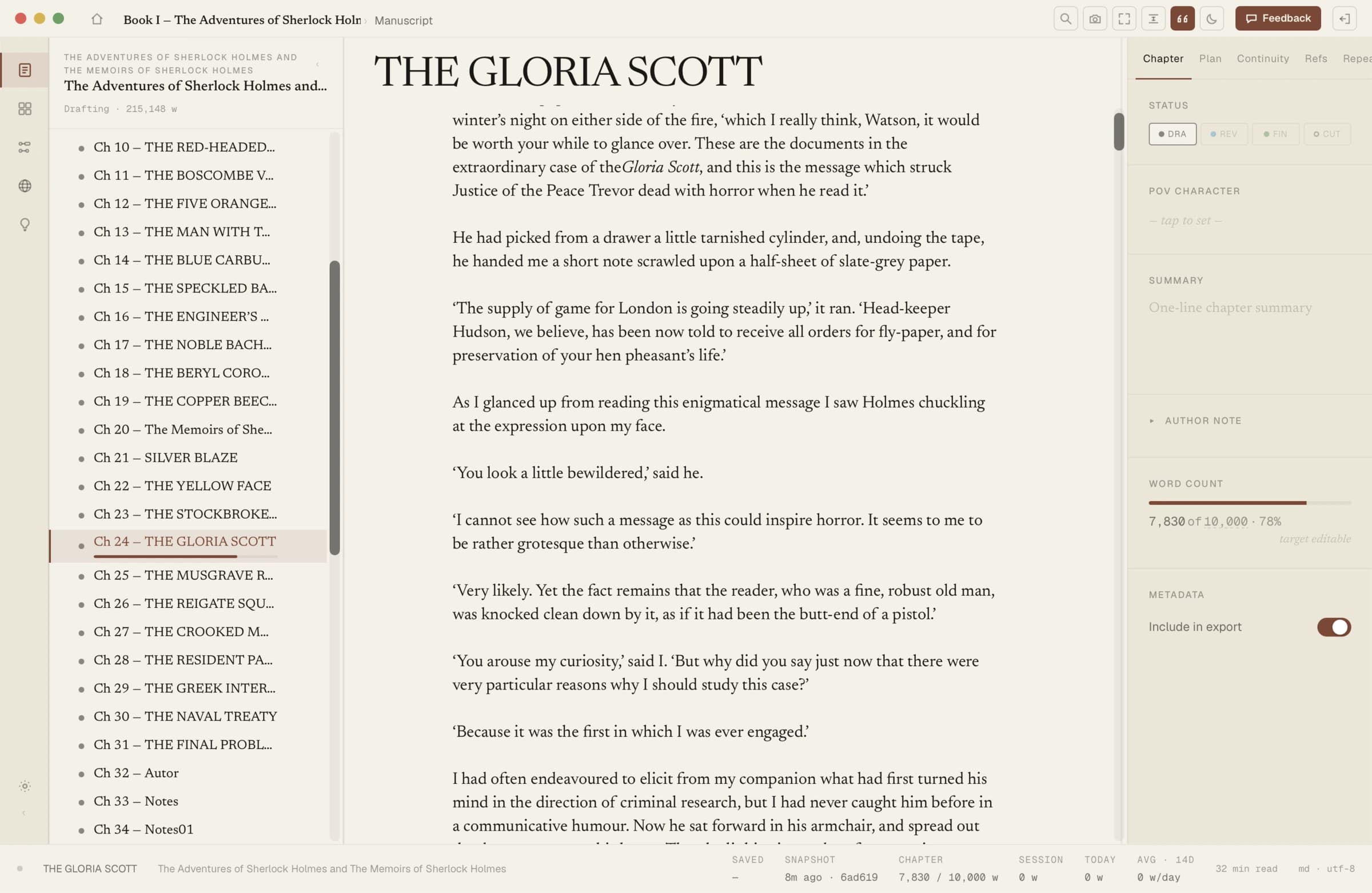 InkSpine editor in the light theme: a 215,000-word manuscript with the chapter tree, prose canvas, and inspector panel